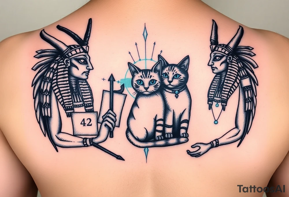 "Anubis split into two entangled versions:  
1. Ancient (holding papyrus with '42')  
2. Cyber (with quantum server instead of a heart)  
Between them: Schrödinger’s cat as a hologram.  

Style: Double exposure tattoo. Black/blue. Back piece." tattoo idea