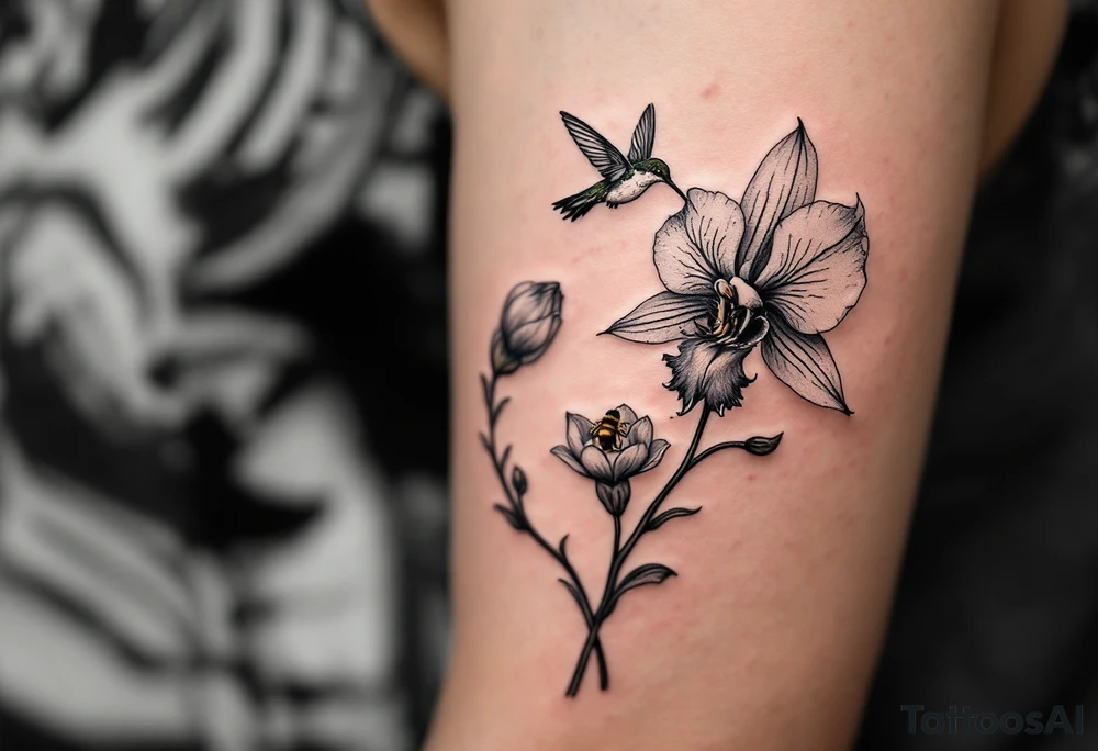 A delicate, black and white fine-line tattoo for male, featuring gracefully detailed 2 orchids in full bloom including their stems, with soft, intricate petals and elegant curves. Beside it, a hummingbird hovers mid-flight, its wings drawn with subtle motion lines, its slender beak reaching toward the orchid’s center to drink its nectar. on the other flower there is a bee that is resting tattoo idea
