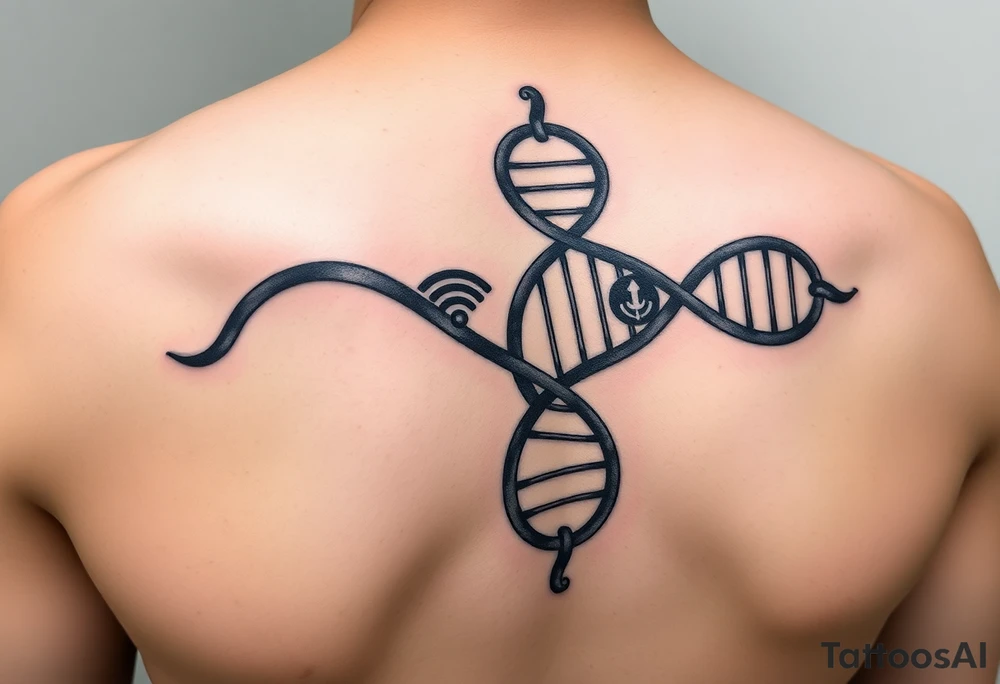 "Tattoo mimicking a DNA strand, but:  
- Base pairs replaced with Wi-Fi/Torrent logos  
- Caption: 'Open source enlightenment'  

Style: Bio-mechanical. Black/blue, bicep." tattoo idea