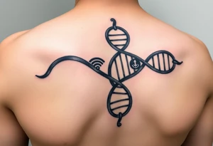 "Tattoo mimicking a DNA strand, but:  
- Base pairs replaced with Wi-Fi/Torrent logos  
- Caption: 'Open source enlightenment'  

Style: Bio-mechanical. Black/blue, bicep." tattoo idea