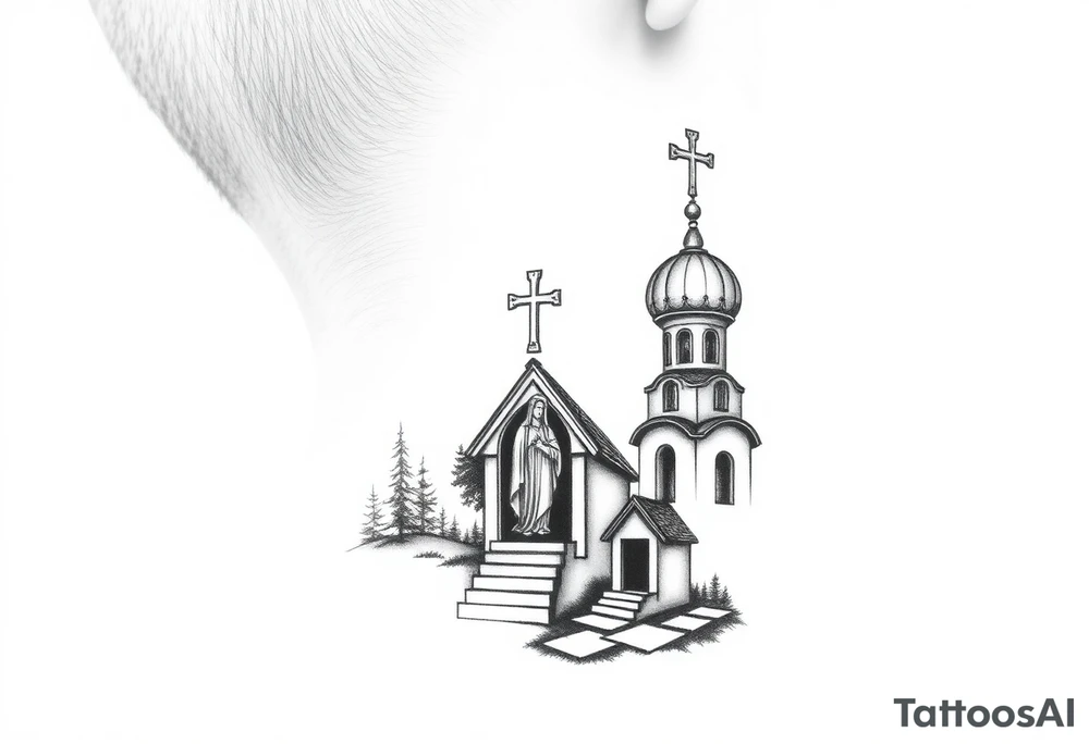 russian design traditional christian orthodox cross with a virgin mary stood beside the entrance of a russian orthodox dome church on the side of the neck in a wilderness setting with the design spread out the side of the neck tattoo idea