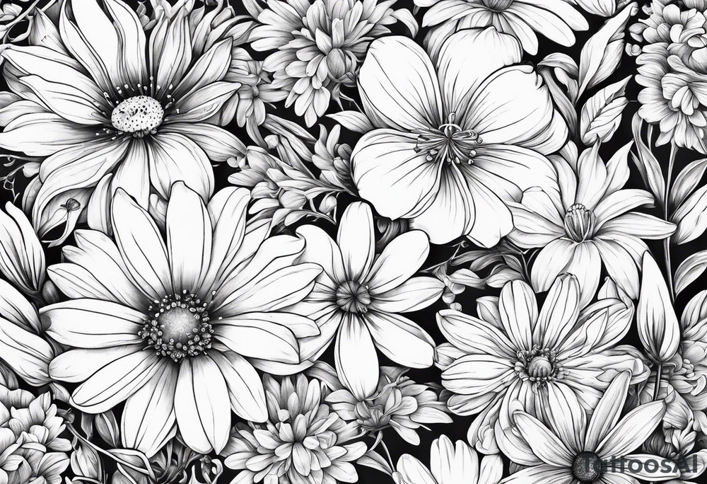 Honeysuckle, daisys, cosmos,and snowdrop sleeve tattoo idea