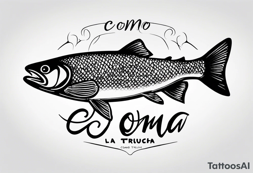 A small tattoo with a shaded trout and text that says, 'Como la trucha...' drawn with fine lines." tattoo idea
