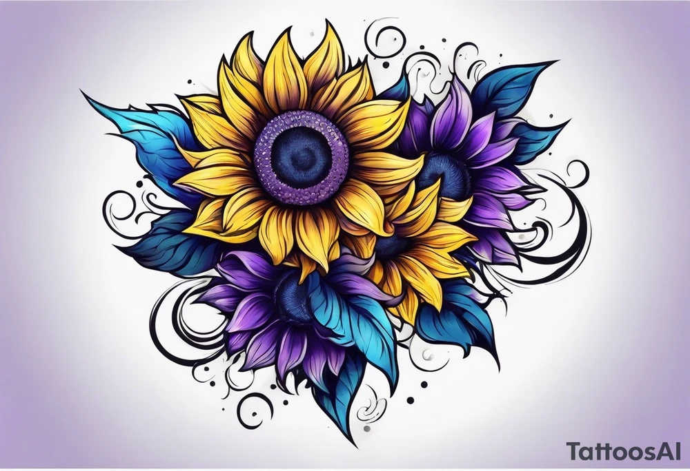 Purple, yellow and blue sunflower arm sleeve tattoo idea