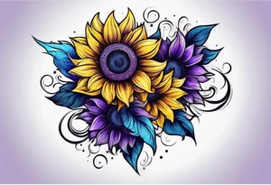Purple, yellow and blue sunflower arm sleeve tattoo idea