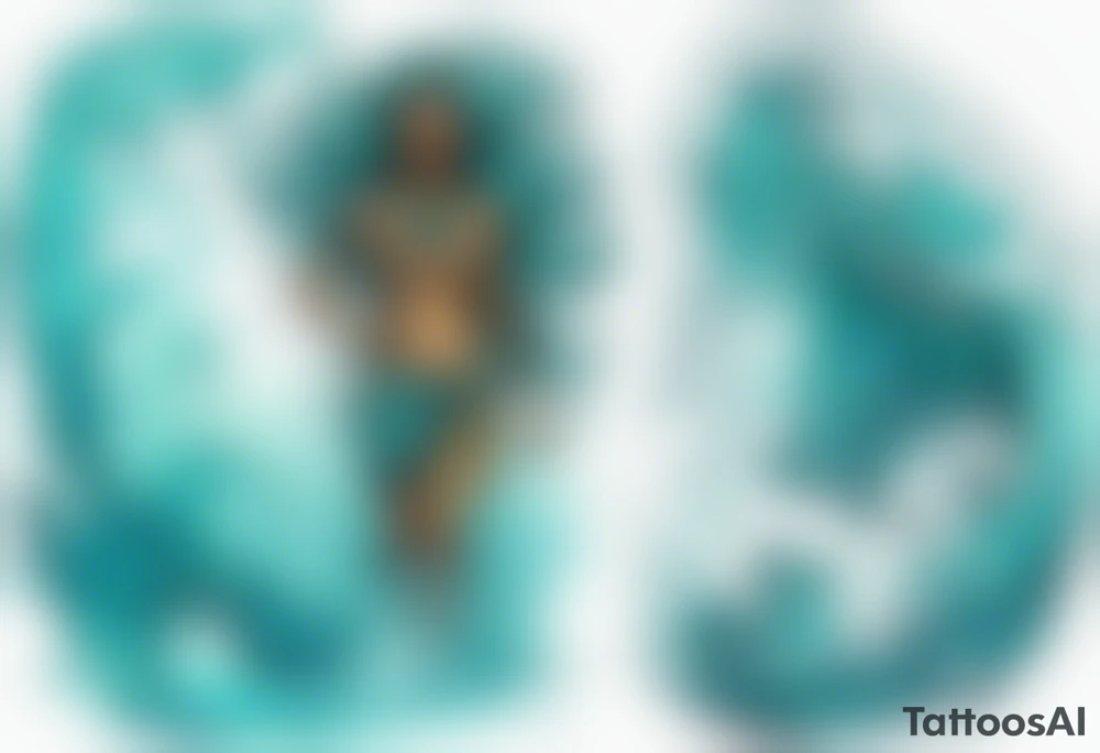 a turquoise Na'vi woman standing in the sea with water for legs surrounded by crashing waves tattoo idea