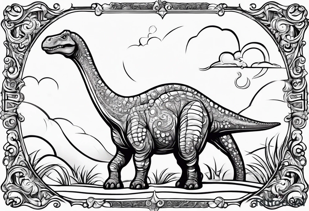 A cartoon brachiosaurus wearing a white bedsheet on its head dressed up like a ghost tattoo idea