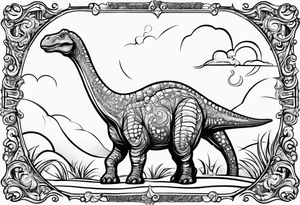 A cartoon brachiosaurus wearing a white bedsheet on its head dressed up like a ghost tattoo idea