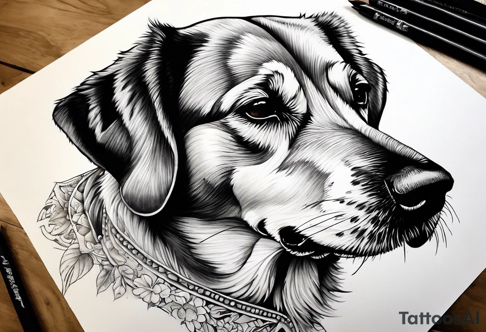 Patte de chien avec dans chaque petite coussinets un des 4 éléments et dans le gros coussinets passage montagneux cours d'eau tattoo idea