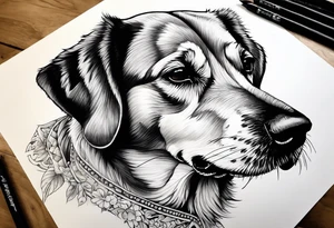 Patte de chien avec dans chaque petite coussinets un des 4 éléments et dans le gros coussinets passage montagneux cours d'eau tattoo idea