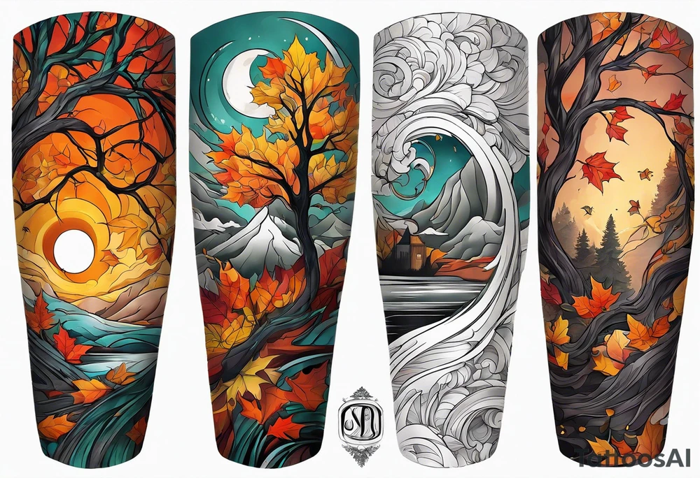 Arm Sleeve Tattoo with fall colors flat tattoo idea