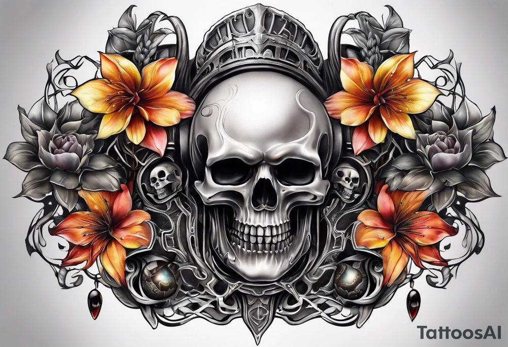 H.R. Giger tattoo with realistic evil skull, various flowers, water and fall colors tattoo idea