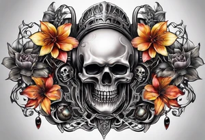 H.R. Giger tattoo with realistic evil skull, various flowers, water and fall colors tattoo idea
