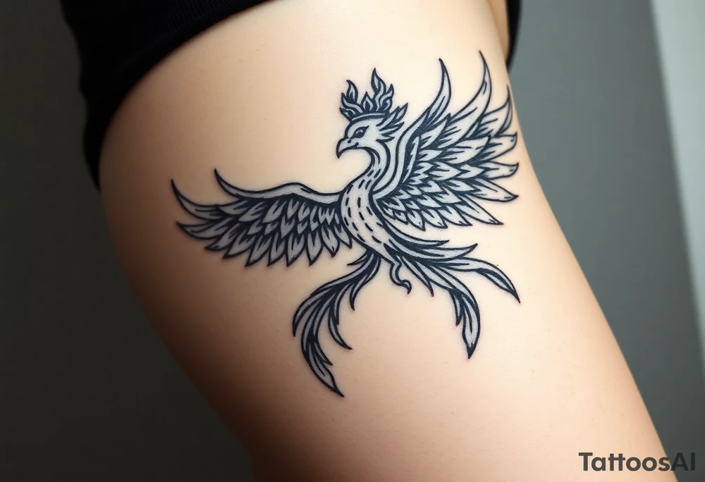 majestic fiery phoenix flapping wings with trailing flames and a crown of fire tattoo idea