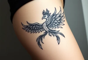 majestic fiery phoenix flapping wings with trailing flames and a crown of fire tattoo idea