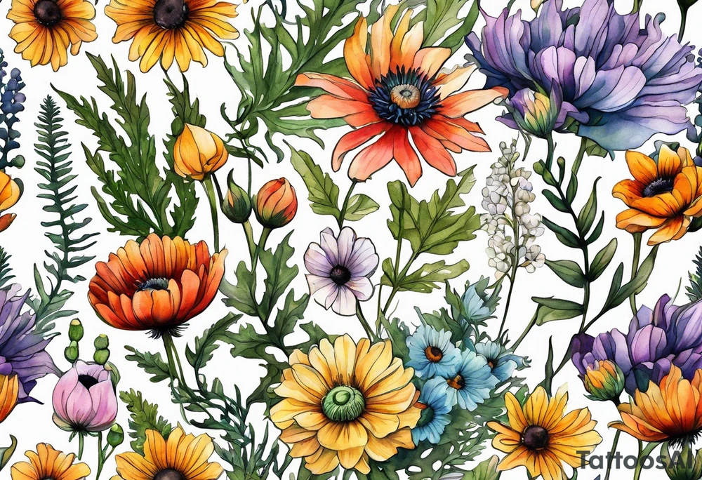wildflowers with thistles, ferns, ranuculus, white anemones with black center, sun flowers, mixed color flowers all in watercolor tattoo idea