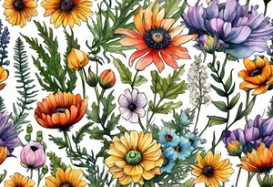 wildflowers with thistles, ferns, ranuculus, white anemones with black center, sun flowers, mixed color flowers all in watercolor tattoo idea
