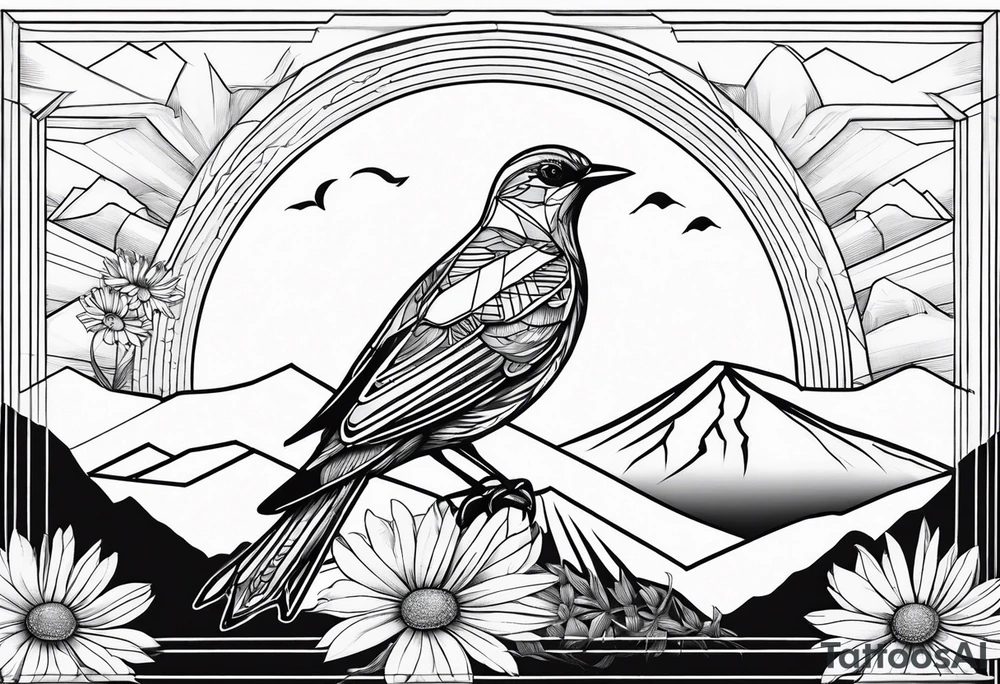 Geometric Black and white bird outline with mountains in distance and a daisy tattoo idea
