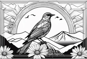 Geometric Black and white bird outline with mountains in distance and a daisy tattoo idea