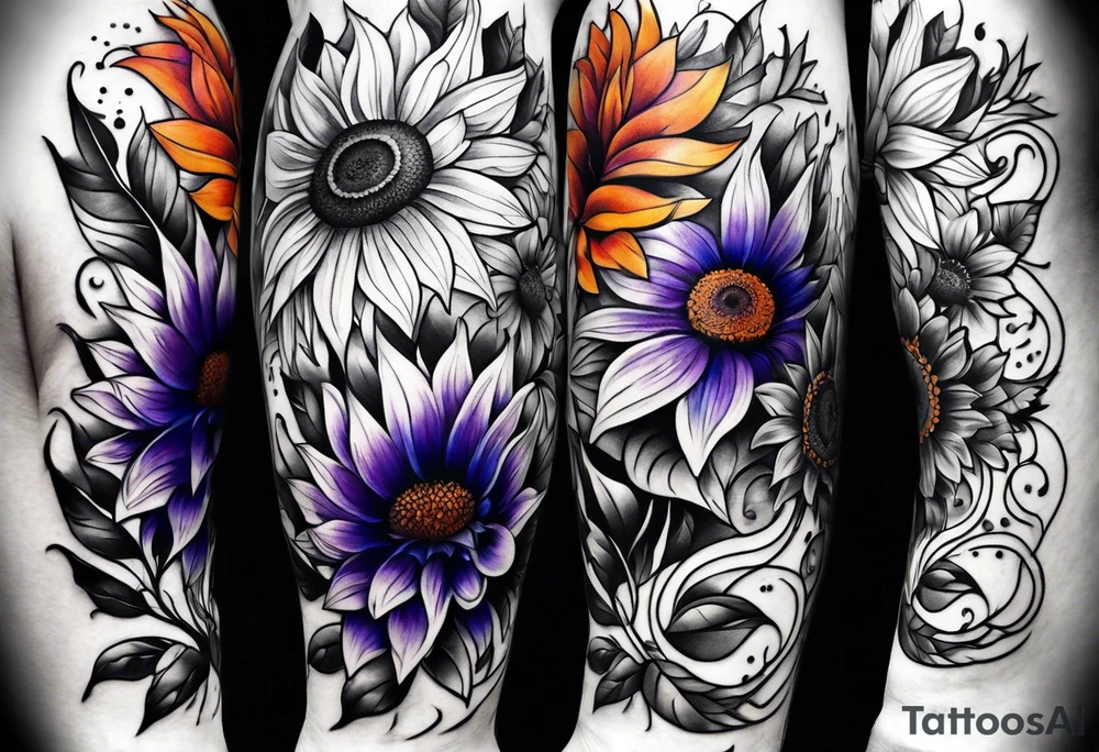 Full leg sleeve with purple, orange and blue sunflowers tattoo idea