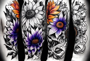 Full leg sleeve with purple, orange and blue sunflowers tattoo idea