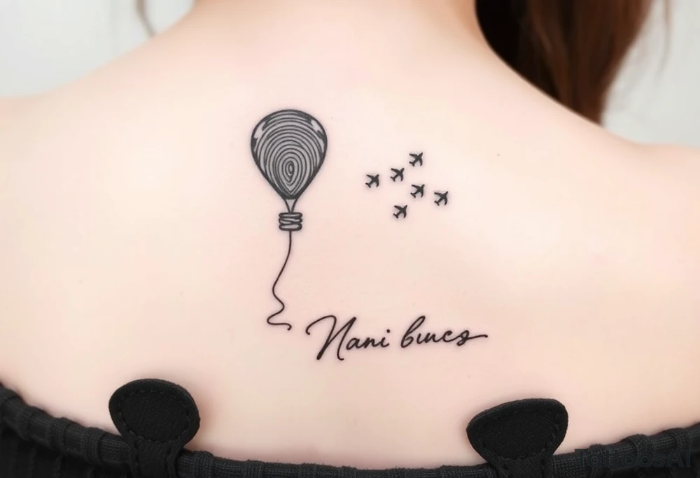 Memorial tattoo a fingerprint becomes a balloon or kite, tethered with a thin string to the signature below. Small planes rise from it, flying toward the top right.

Signature: Styled as if it’s holding the string tattoo idea
