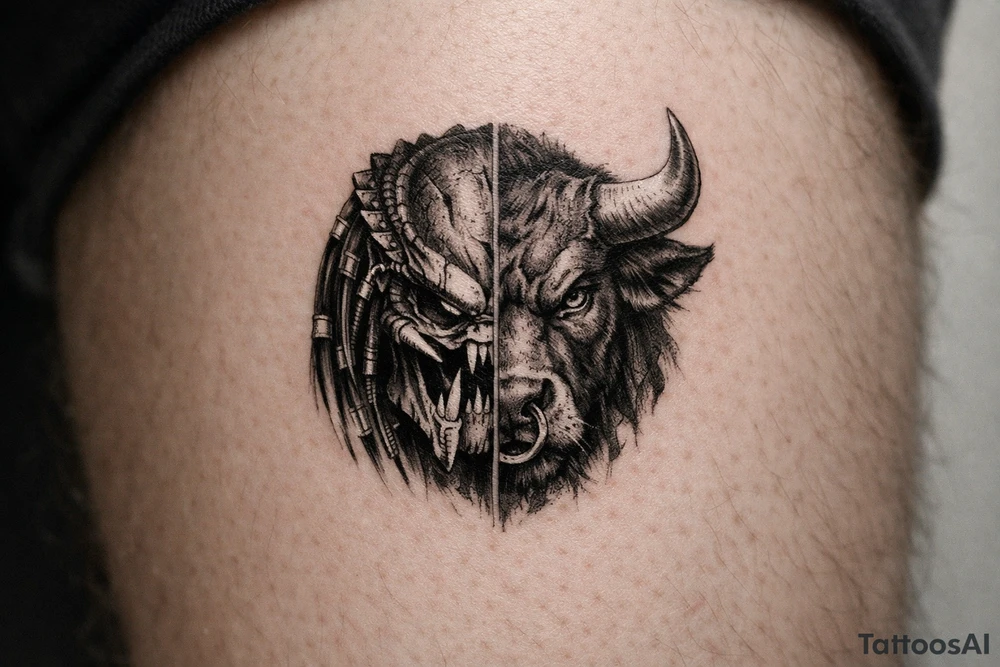 a face half predator half bull tattoo idea