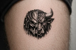 a face half predator half bull tattoo idea