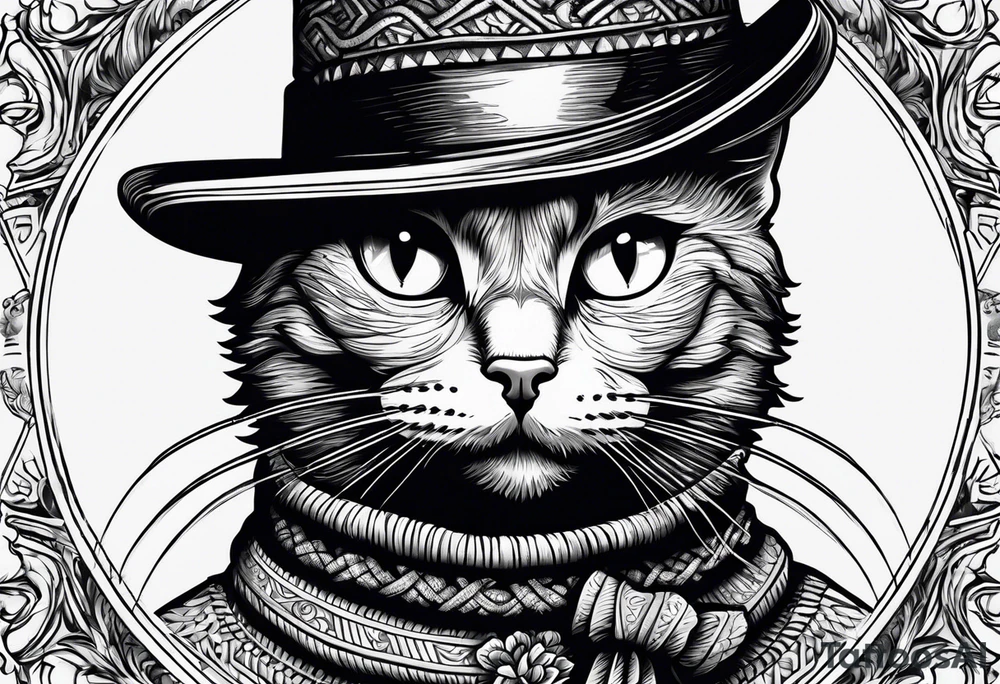 black cat with funny hat and sweater tattoo idea