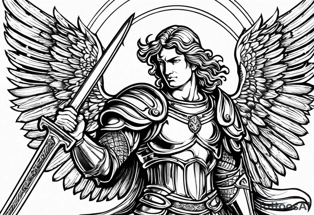 **Tattoo Design: Archangel Michael**

- **Central Theme**: Archangel Michael, majestic and powerful, stands ready with a raised sword, prepared to battle evil.
- **Appearance**: The figure of Archangel Michael depicted in full angelic armor, with majestic wings spread wide.
- **Expression**: His stance conveys strength, courage, and determination in defense of good.
- **Details**: Focus on intricate details such as facial features, armor embellishments, and the raised sword.
- **Background**: May be stylized as celestial, with rays of light or clouds, accentuating the divine presence of Archangel Michael.
- **Placement**: Intended for placement on the chosen body area, with the option to adjust the size according to personal preferences. tattoo idea