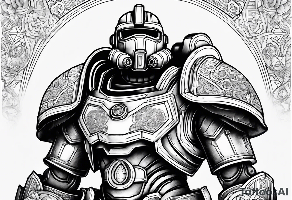Power armor with Greek engravings tattoo idea