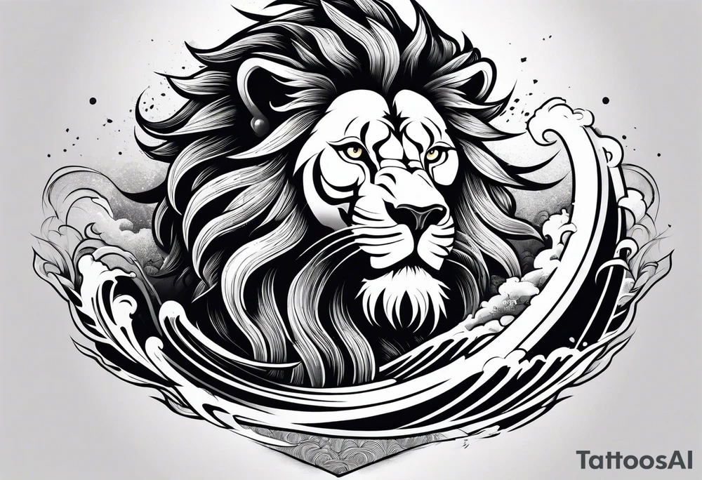 samurai lion with big wave on background for arm tattoo idea