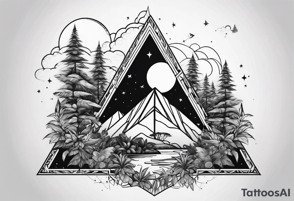 thick line art of space and jungle in triangle shape tattoo idea