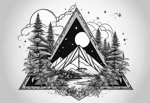 thick line art of space and jungle in triangle shape tattoo idea