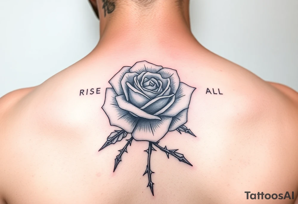 rose tattoo with thorns saying rise above all tattoo idea