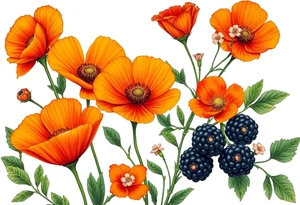 California wildflowers, poppies.  an actual orange fruit and orange blossoms. Blackberries plant/flower. tattoo idea