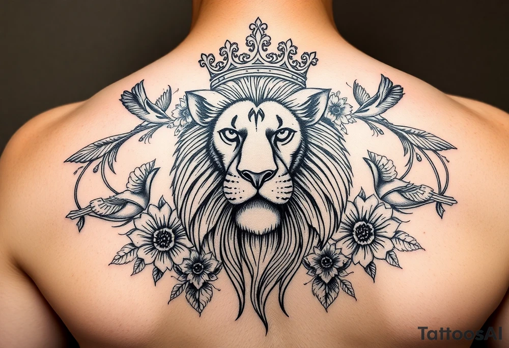 powerful majestic lion with a crown, surrounded by floral ornaments and birds tattoo idea