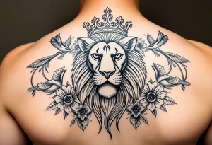 powerful majestic lion with a crown, surrounded by floral ornaments and birds tattoo idea