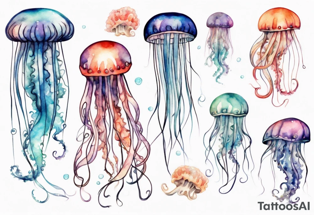 One large jellyfish with long tentacles, surrounded by two or three smaller jellyfish tattoo idea