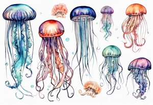 One large jellyfish with long tentacles, surrounded by two or three smaller jellyfish tattoo idea