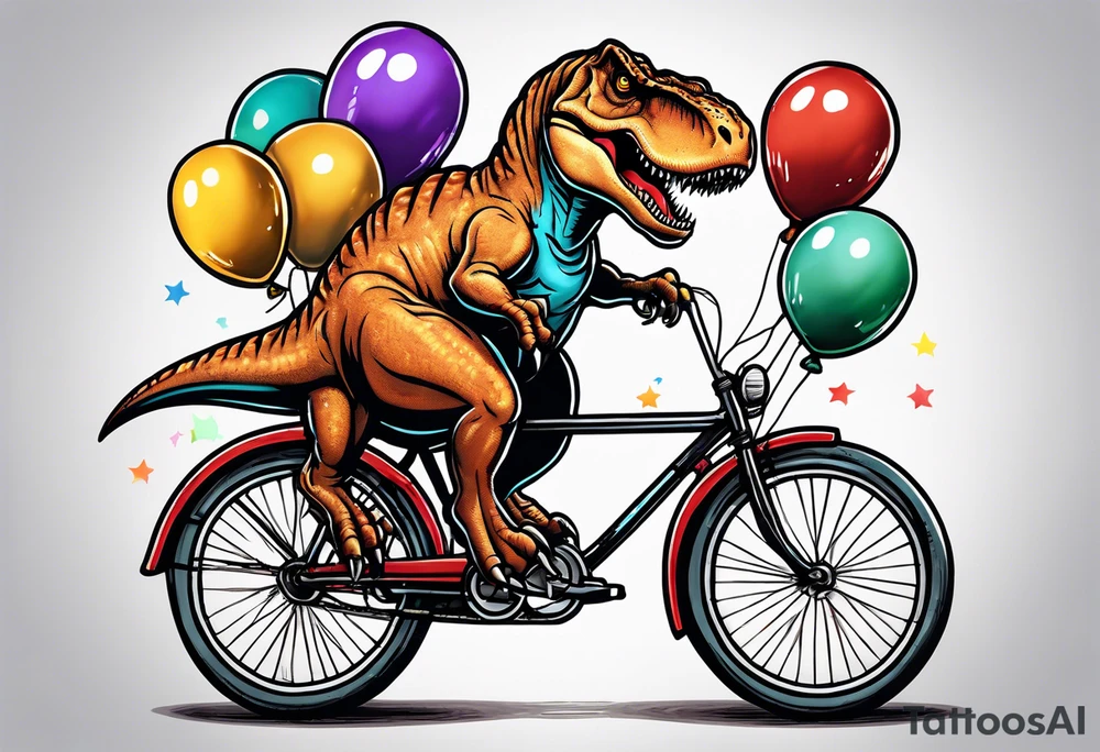 T-rex riding a bicycle holding balloons neo trad front view tattoo idea