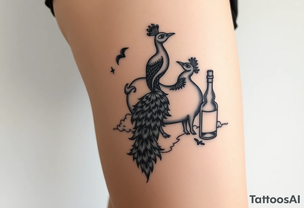 Storm clouds the word gluttony and sexy pig fat woman, peacock, money , envy, wrath, cigerette, cake, liquor bottle tattoo idea