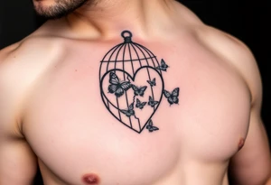 bird cage with broken heart-shaped lock and cage door open with butterflies flying out of it tattoo idea