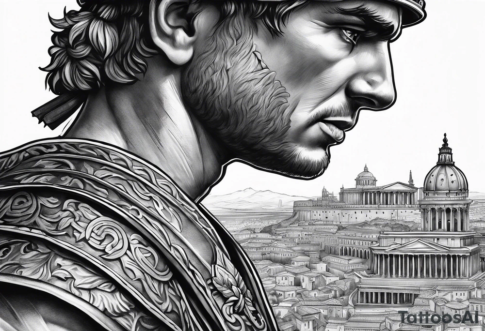 Close up of roman solider with city in the background tattoo idea