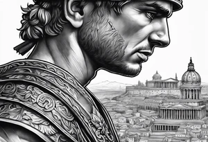 Close up of roman solider with city in the background tattoo idea