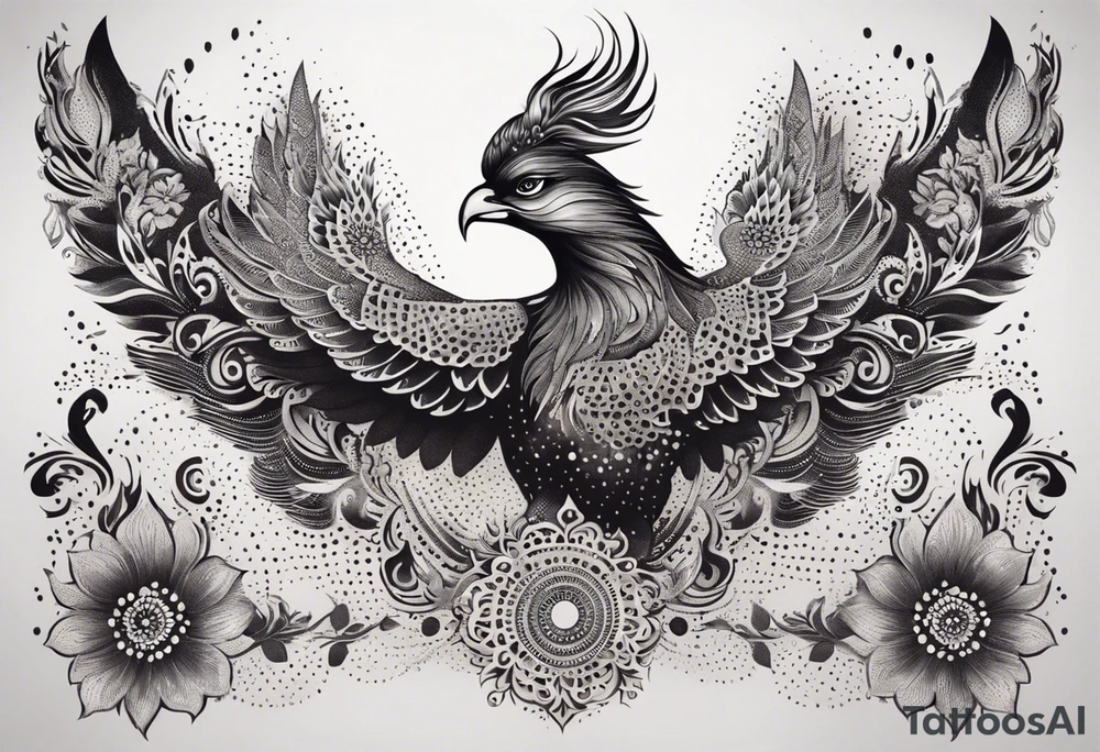 Tribal bohemian feminine impowering Phoenix rising with smoke, mandala sun, floral, lace background tattoo idea