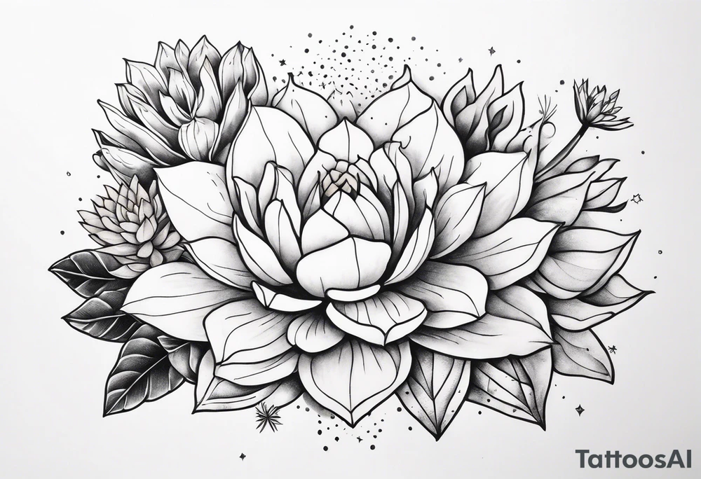 fine line with sun, stars, floral, dots, three succulents
. Sternum tattoo grey scale shading tattoo idea