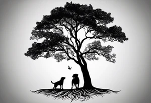 Silouette of a black lab sunder a tree. No detail on lab. Lab drawn to scale tattoo idea