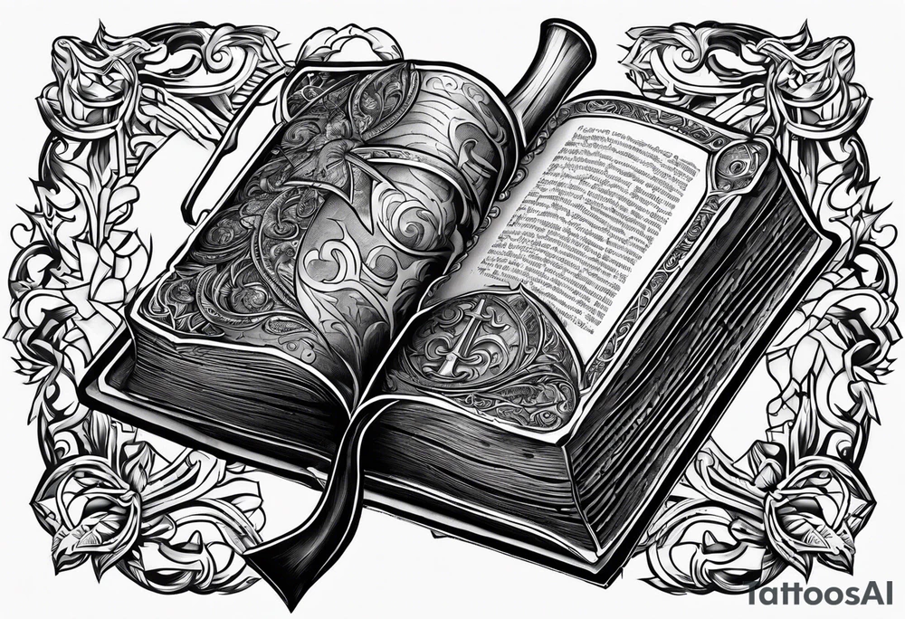 An opened bible with a battle Axe tattoo idea