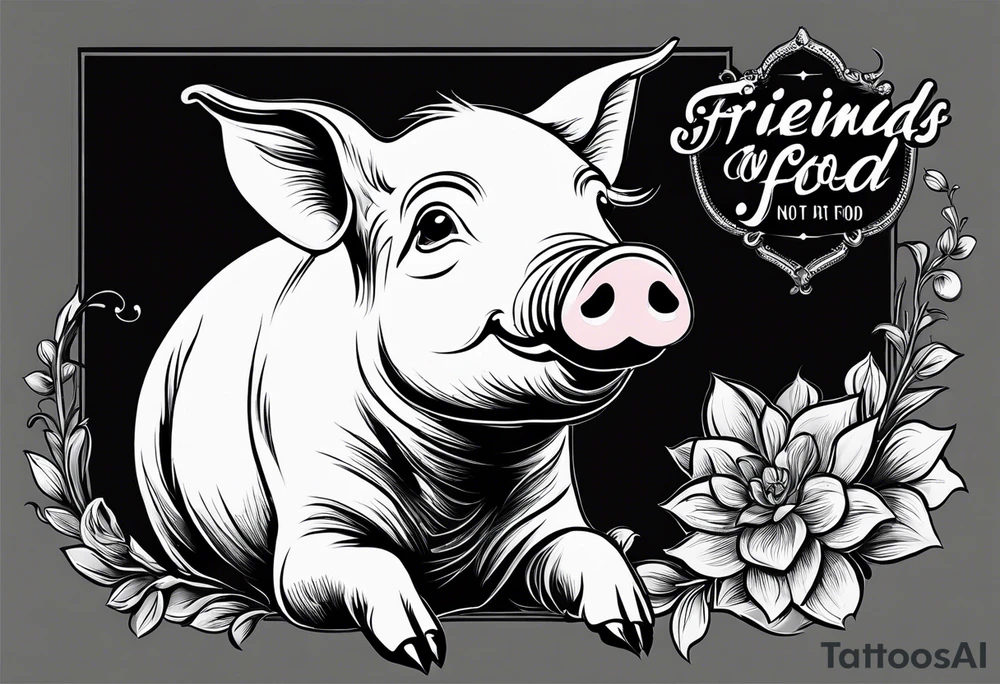 cute pig or piglet.
with text: "friends not food"
only very thin lines. no shading. black and white only tattoo idea